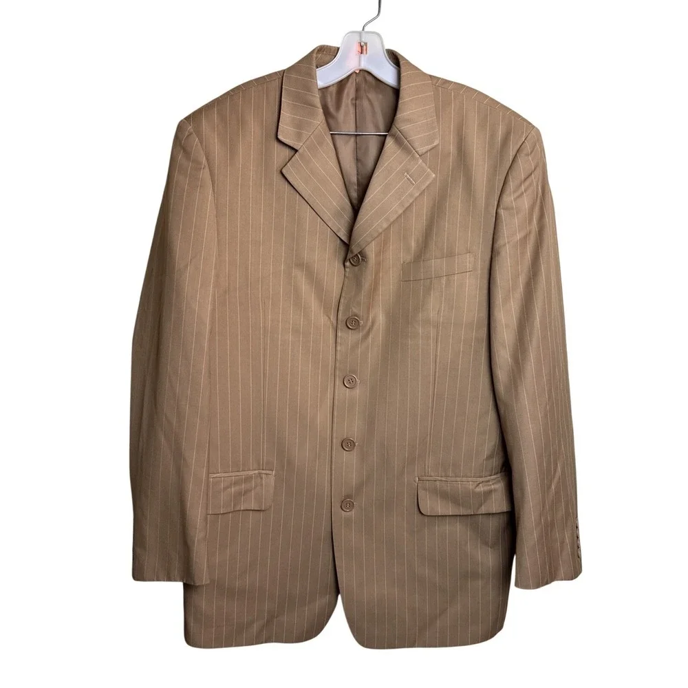 Jason Evans Mens 42L Pinstripe Suit 2 Piece Tan Brown 36L‎ Pants 4 Button Blazer